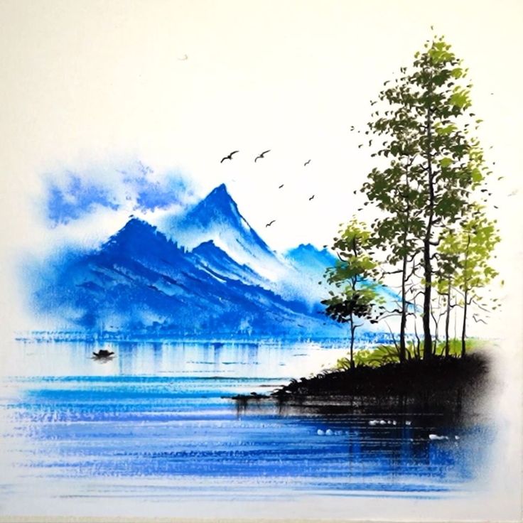 a watercolor painting of a mountain lake and trees