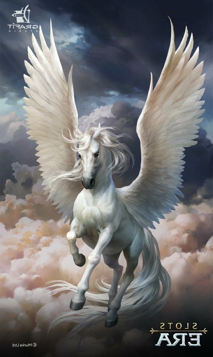 a white horse with wings flying through the air in front of cloudy skies and clouds