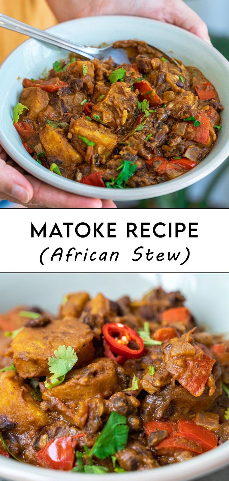 two pictures with different types of food in them and the words matoke recipe african stew