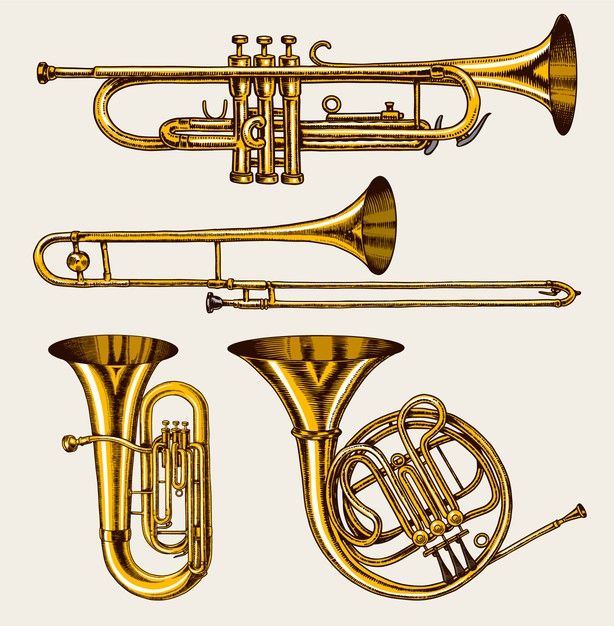 four brass musical instruments are shown in this illustration, and the trumpet is not as large as the instrument itself