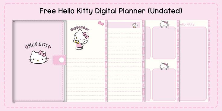 the hello kitty digital planner undated is shown in pink and features hello kitty's head