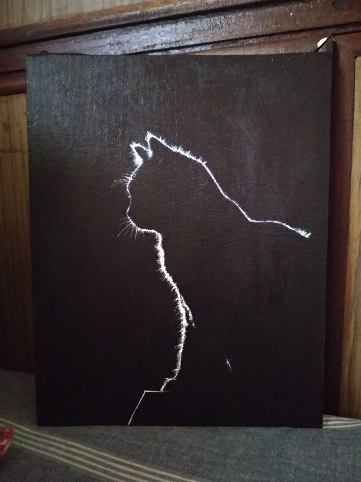 Cat silhouette acrylic painting black and white Cat Painting Silhouette, Diy Painting Canvas Black And White, Black Painting Canvas Ideas, White Silhouette On Black, Black Cat Abstract Painting, Black Cat Silhouette Painting, Black And White Small Drawings, Simple Black Drawings, Paintings Of Cats Acrylic