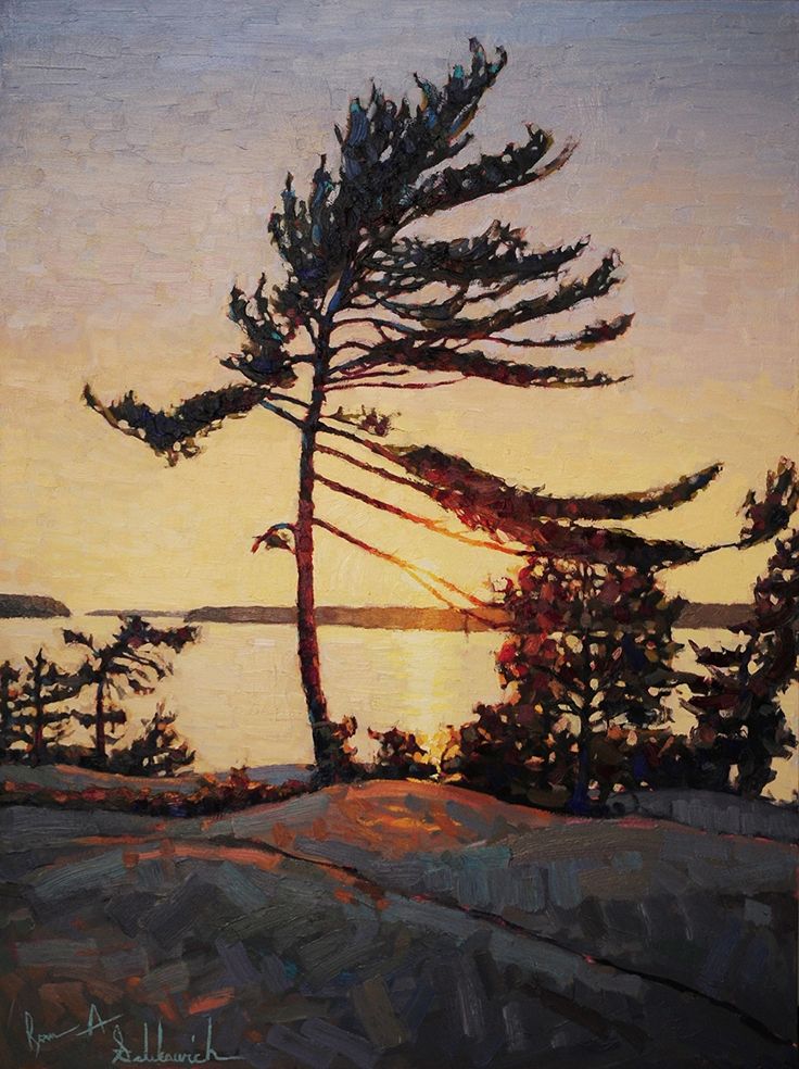 a painting of the sun setting behind a tree on a rocky shore with water in the background