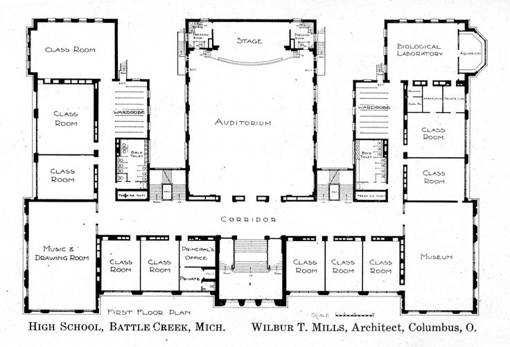 an old floor plan for a building with multiple rooms and stairs, including the second story