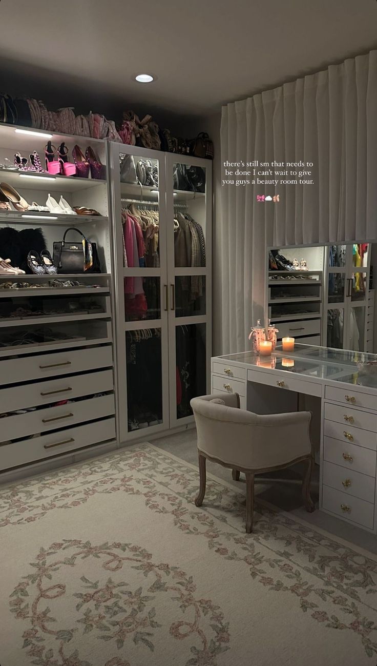 the closet is full of shoes and other items, including a dressing table with stools