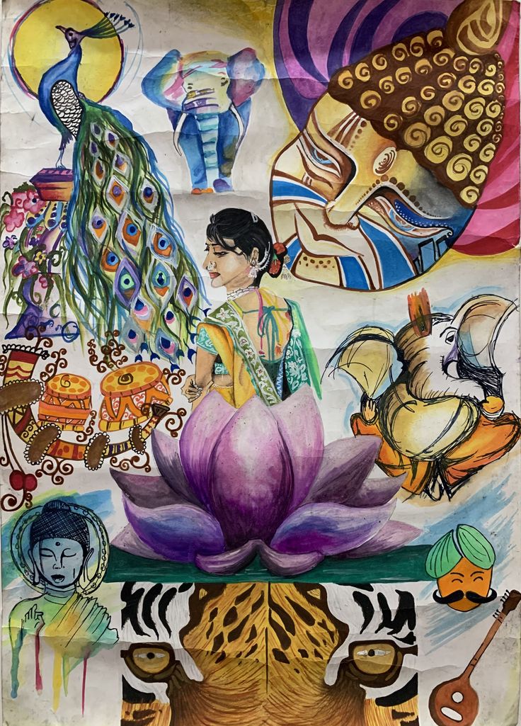 an artistic painting with many different things in the background, including flowers and peacocks