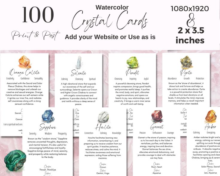 the watercolor crystal cards and instructions are displayed on a pink marble background with black ink