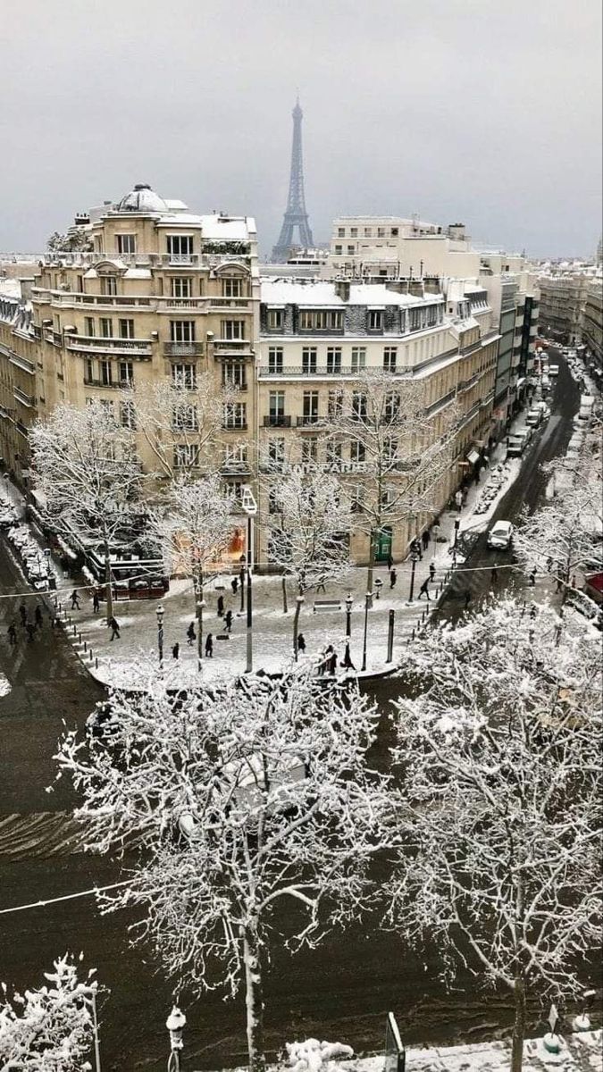 the eiffel tower is seen in the distance from this snowy cityscape