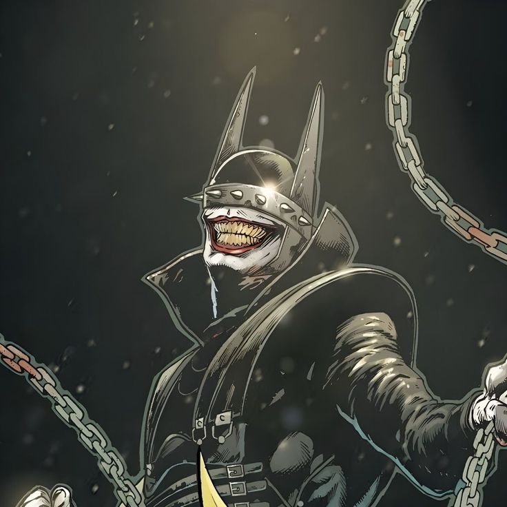 a drawing of a man in a batman costume with chains around his neck and mouth