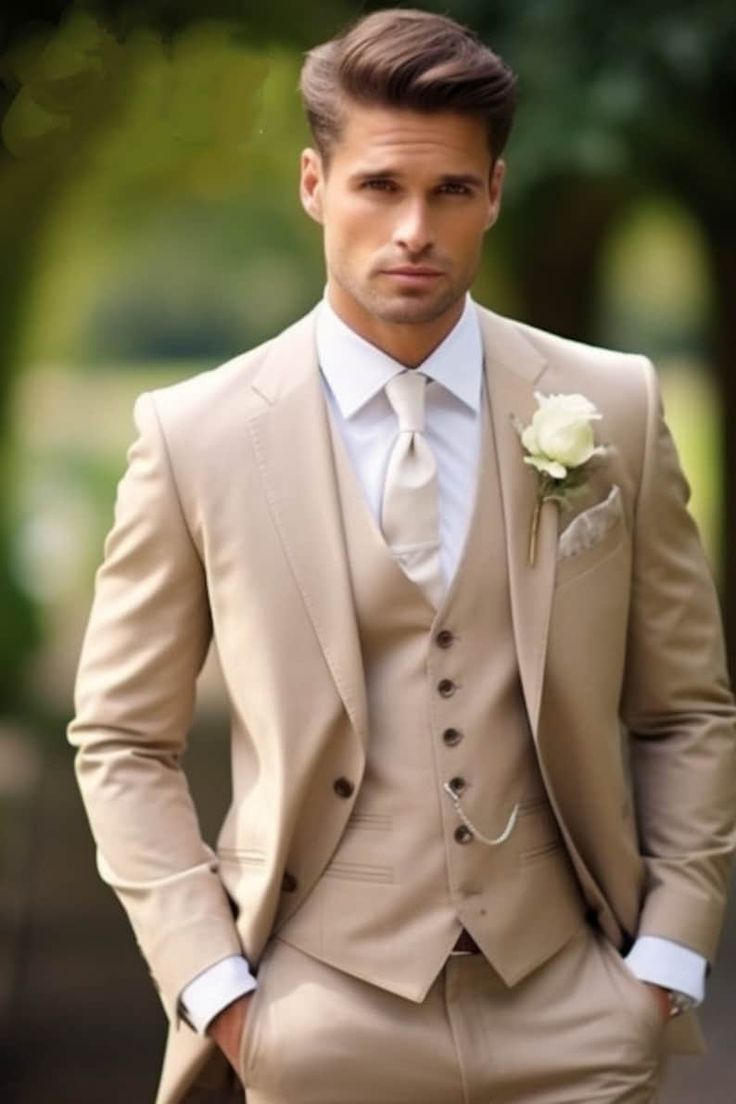 a man in a tan suit with a white boutonniere and flower on his lapel