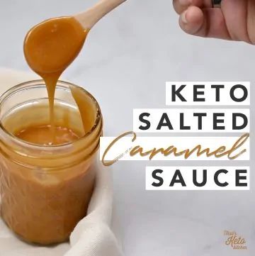 a person holding a wooden spoon over a jar of caramel sauce with the words keto salted caramel sauce