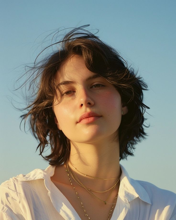 a young woman wearing a white shirt and gold necklace looking off into the distance with her hair blowing in the wind