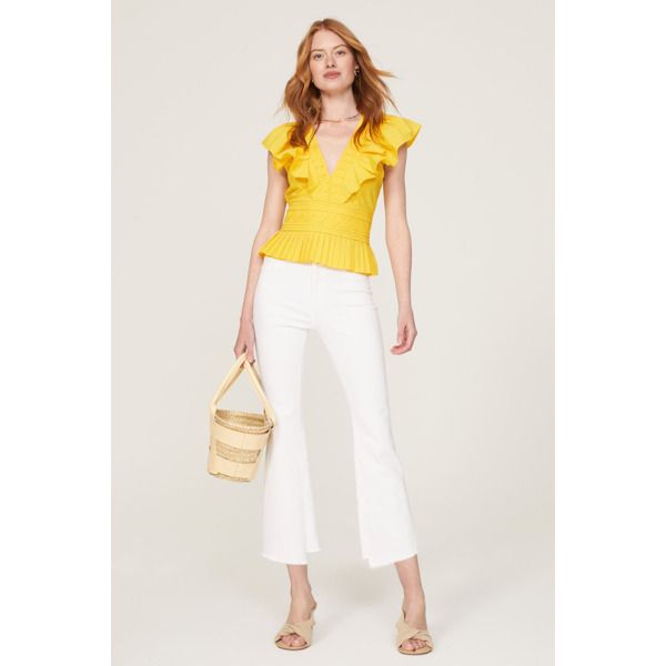 Yellow cotton (97% Cotton, 3% Spandex). Top. Cap sleeves. V-neck. Pull on. 25" from shoulder to hemline. Imported. Chic Stretch V-neck Top For Summer, Chic Fitted V-neck Top For Summer, Summer Cotton V-neck Top For Day Out, Fitted White Cotton V-neck Top, Chic Summer Stretch V-neck Top, Fitted V-neck Top For Spring Day Out, Cotton V-neck Top For Spring Day Out, Fitted V-neck Summer Top, Chic V-neck Top For Brunch In Spring