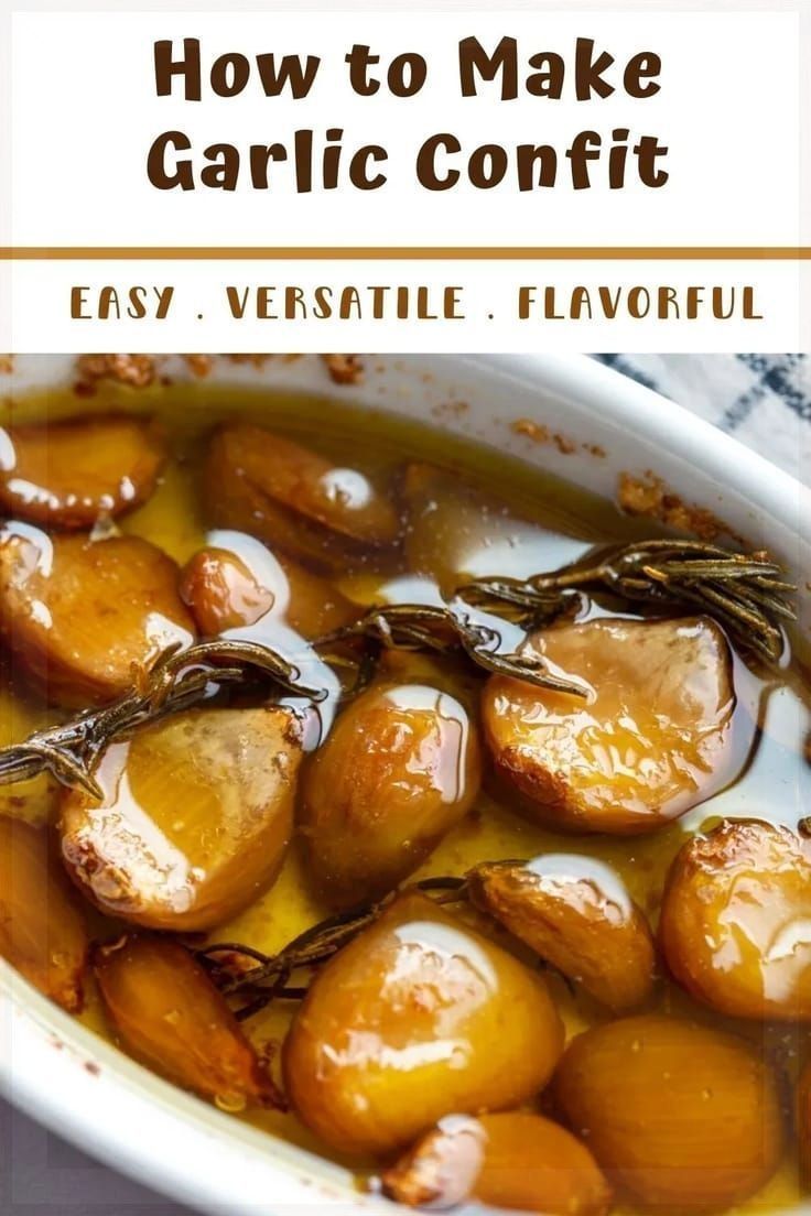 a white bowl filled with carrots covered in garlic confit and text overlay reads how to make garlic confit easy vegetable flavor