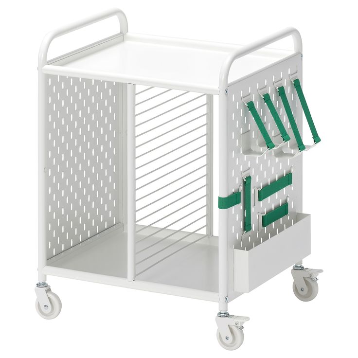 a white cart with green handles and wheels