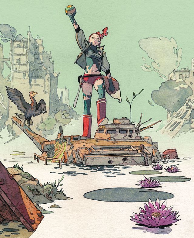 a drawing of a woman standing on top of a tank with birds flying around her