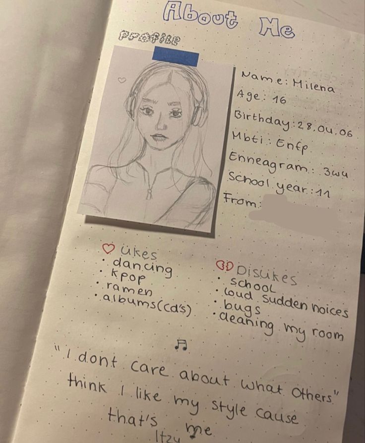 an open notebook with a drawing of a woman's face and words on it