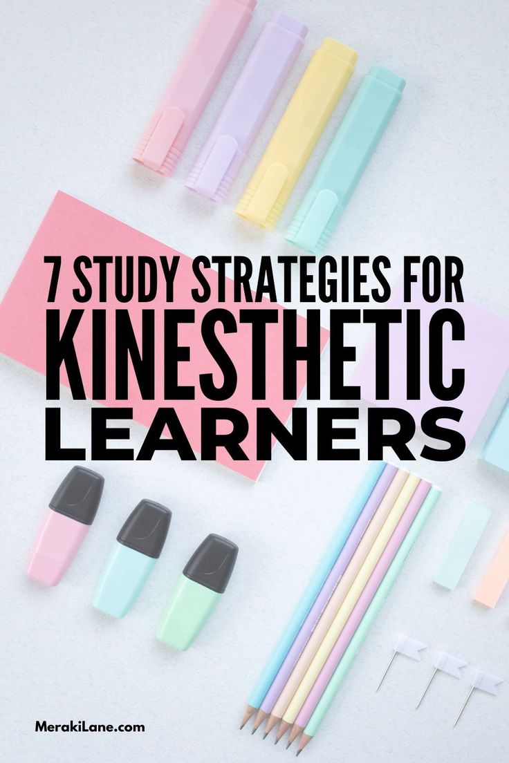 the words 7 study strategy for kineshetic learners on top of pencils and