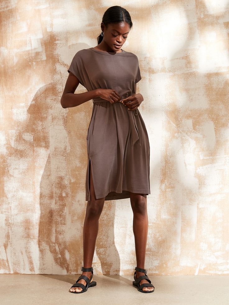 Sandwash Dress | Banana Republic Relaxed Fit Rayon Dresses For Work, Relaxed Fit Rayon Dress For Work, Spring Midi Dress With Relaxed Fit And Side Slits, Spring Midi Dress With Side Slits And Relaxed Fit, Casual Silk Midi Dress For Work, Spring Viscose Midi Dress With Side Slits, Relaxed Fit Dress With Curved Hem, Summer Workwear Dresses With Side Slits, Chic Curved Hem Dress For Fall