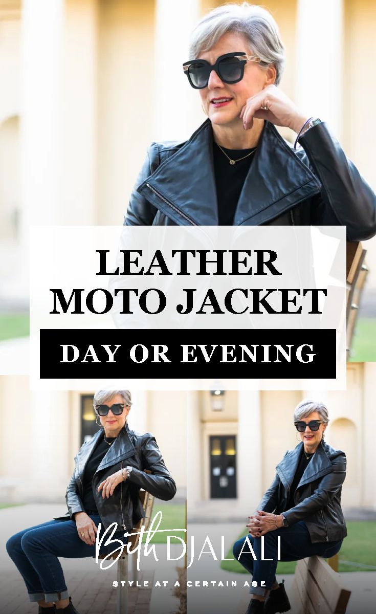 I‘ve sung the praises of the iconic motorcycle jacket for year. In this post I'm going to share just how versatile this jacket truly is as I'm styling a black leather moto jacket for day and evening. There’s never been a better time to stay modern, fresh, and most importantly, relevant. Visit Style At A Certain Age for the full look! #fallfashion #jacket #motojacket How To Style A Leather Moto Jacket, Petite Leather Jacket, Black Moto Jacket Outfit Dressy, Motto Jacket Outfit Black, Black Moto Jacket Outfit 2023, How To Style A Moto Jacket Outfit Ideas, Black Moto Jacket Outfit Fall, How To Wear A Black Leather Jacket, Style Moto Jacket