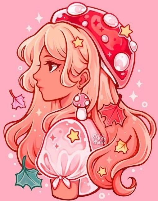 a drawing of a girl with long blonde hair and a pink hat on her head