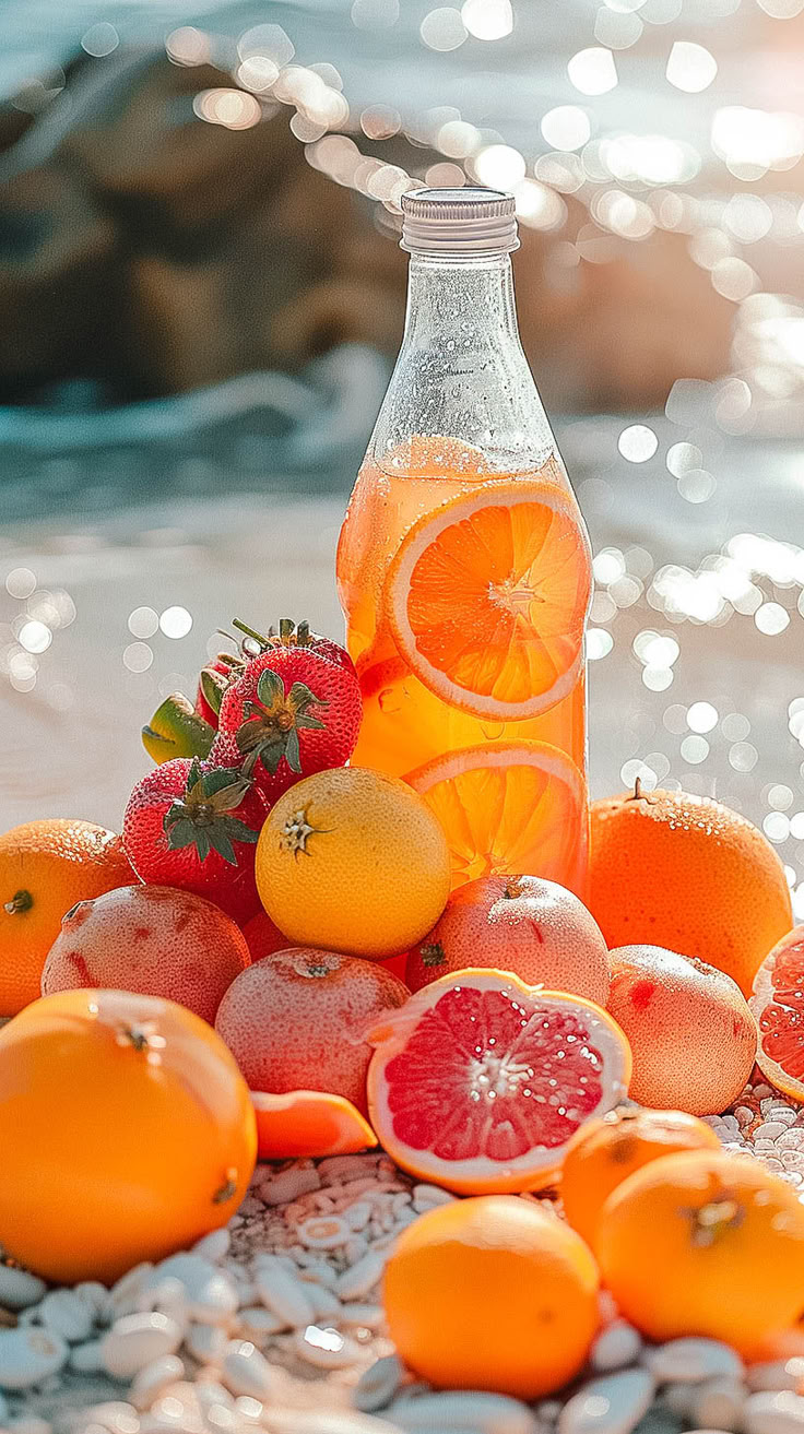 a bottle filled with oranges and grapefruit on top of rocks