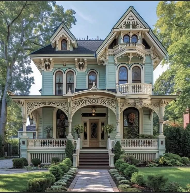 an old victorian style house with blue trim and white balconies on the front porch