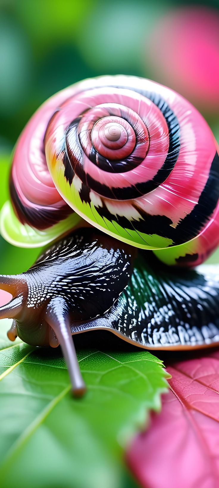 two snails are sitting on top of each other's leaves, one is pink and the other is black