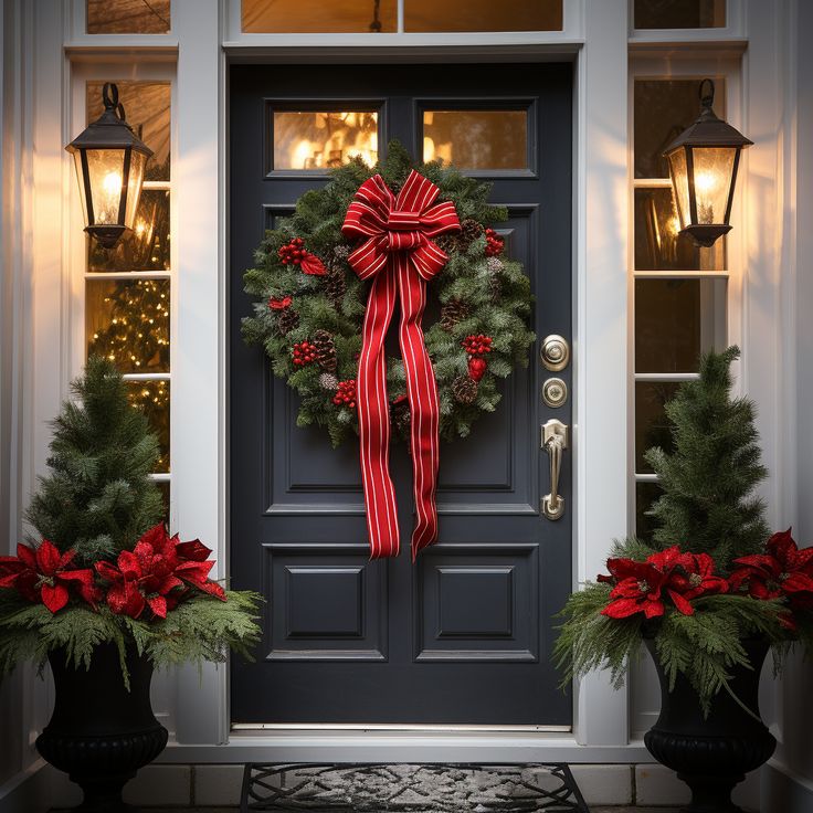 a front door decorated with christmas wreaths and poinsettis for the holiday season