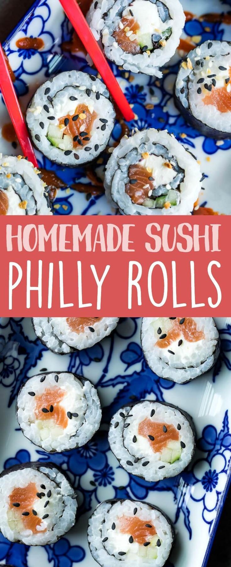 homemade sushi rolls on a blue and white plate with chopsticks in the middle