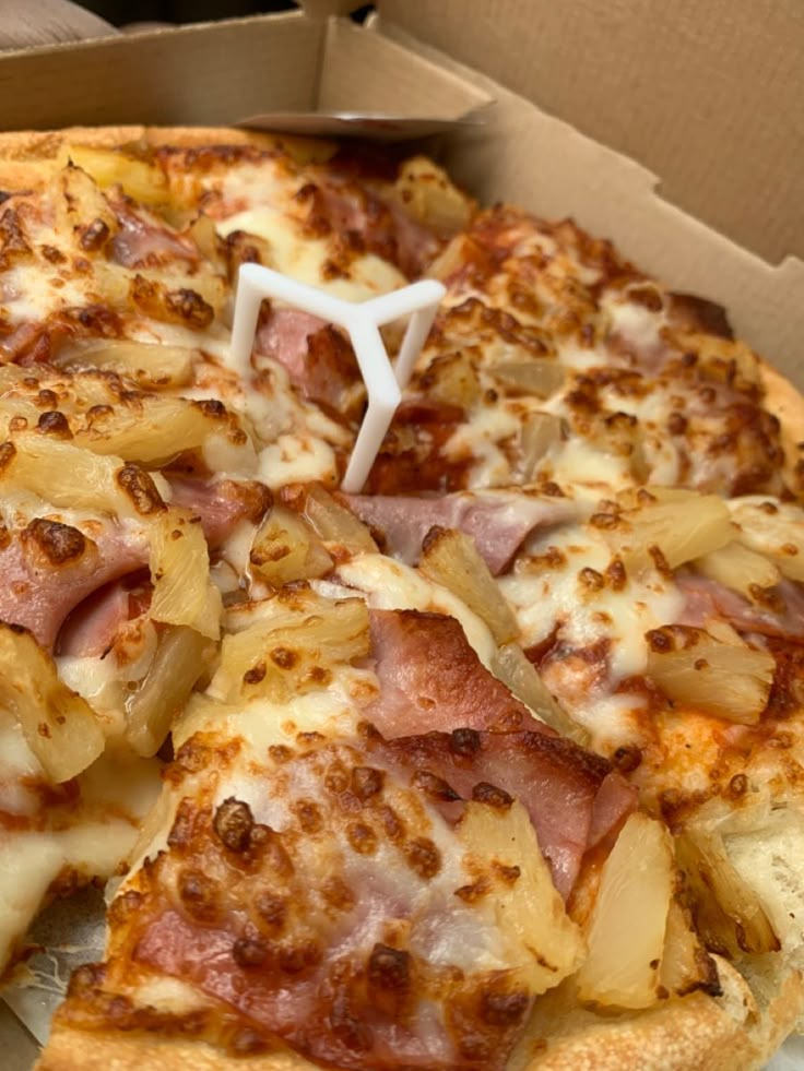 a pizza with pineapple, ham and onions in a box