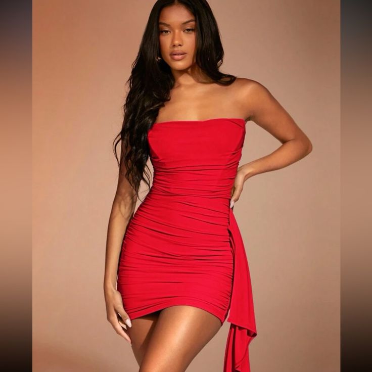 Super Cute And Stylish Ships In 5-10 Business Days Red Strapless Mini Dress With Ruched Bodice, Red Ruched Draped Mini Dress, Red Draped Mini Dress With Ruched Detail, Red Ruched Strapless Dress For Spring, Red Ruched Strapless Mini Dress, Chic Red Stretch Strapless Dress, Red Mini Dress With Ruched Bodice For Date Night, Red Draped Mini Dress For Night Out, Red Ruched Strapless Dress For Night Out