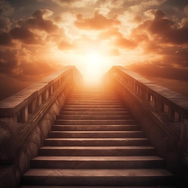 a stairway leading to the sky with bright light coming from it and clouds in the background