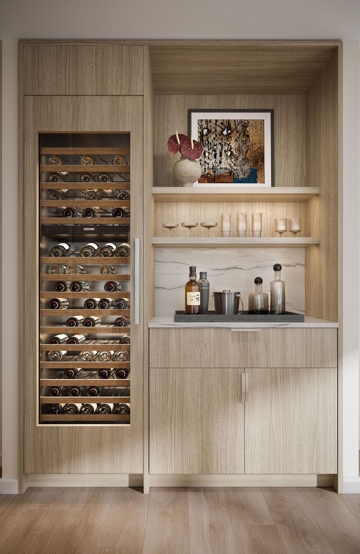 a kitchen with wooden cabinets and wine racks