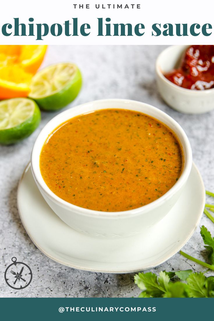 the ultimate recipe for chipotle lime sauce in a white bowl on a plate