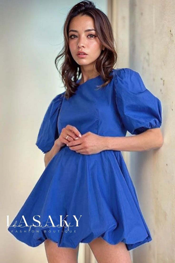 Lasaky - Round Neck Puff Sleeve Fit and Flare Backless Mini Dress Puff Dress, Blue Dress Casual, Backless Mini Dress, Puff Sleeve Dresses, Puffed Sleeves Dress, Dress Cuts, Short Dress, Fit And Flare, Sleeve Dress