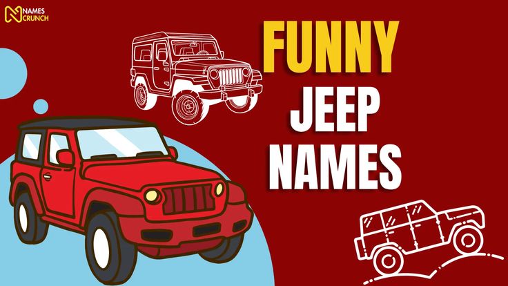 a red jeep driving down a road next to a sign that says funny jeep names