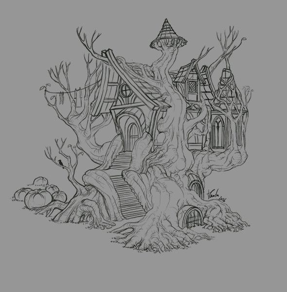 a drawing of a tree house in the middle of a field with pumpkins and trees