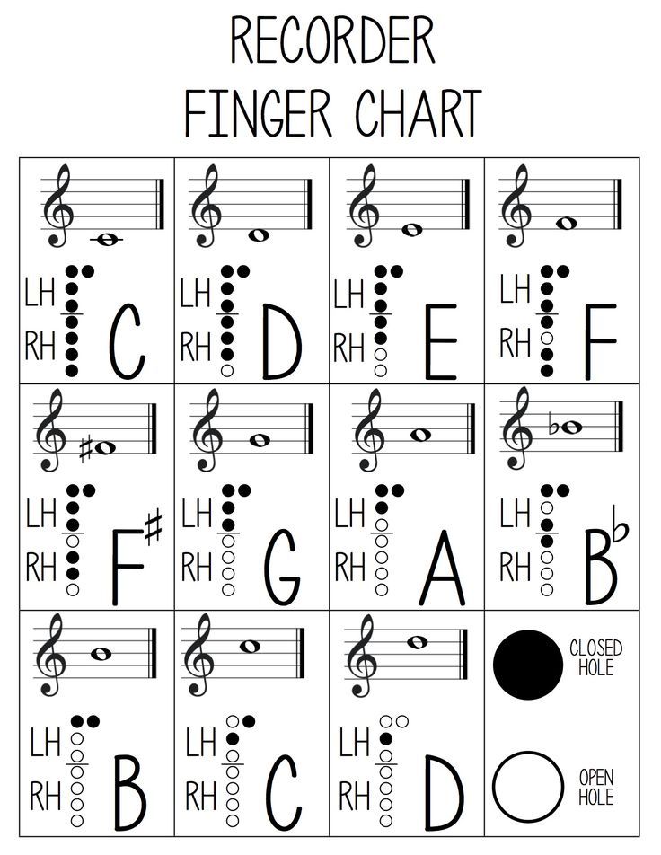 the recorder finger chart is shown with musical notes and letters in different colors on it