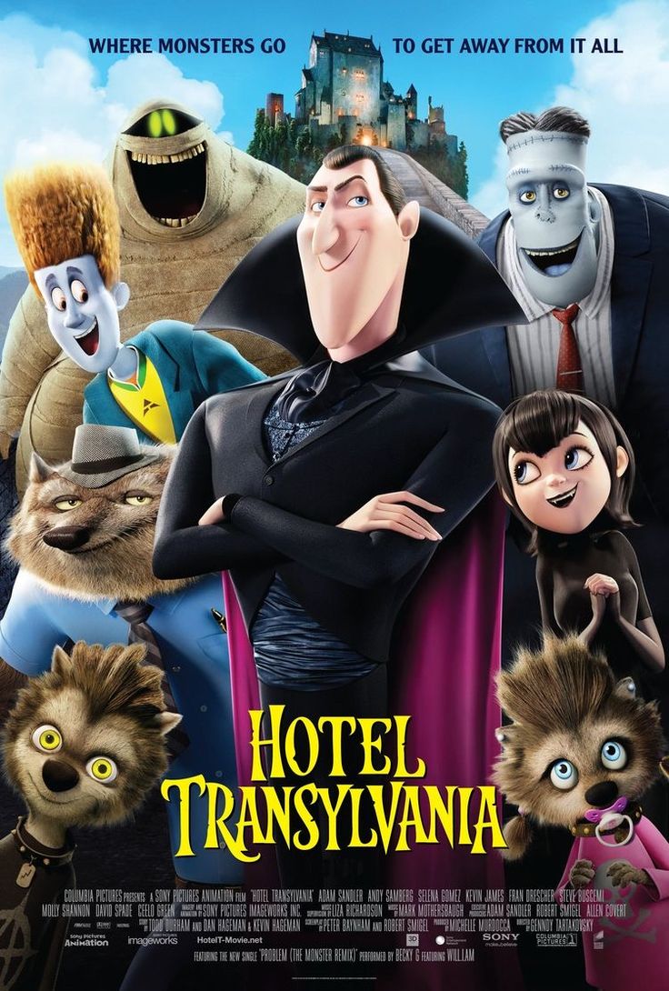 the animated movie poster for hotel dracula starring in russian, english and chinese characters are depicted