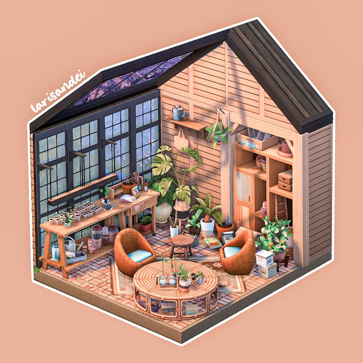 an image of a doll house with furniture and potted plants on the outside patio