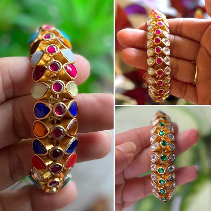 The Traditional style Pauchi bracelet is native to Rajasthan, India. It's handcrafted in 925 silver with 22k gold polish with polkis and man made red stones. It can be worn with your bangles or just by itself as a cuff bracelet. Looks extremely edgy and has royal look to it.  Price indicates single piece of Paunchi.  3 options available: > Red color > Green color > Multicolor / Navratna  Can be worn by bangle sizes 2.2, 2.4, 2.6 Please note that some color differences maybe be expected due to different mobile and laptop screen settings!! All are jewelry is handmade may so some imperfections may be there which adds to its character. Red Stones, Royal Look, Laptop Screen, Rajasthan India, Gold Polish, Red Stone, 22k Gold, Single Piece, Traditional Style