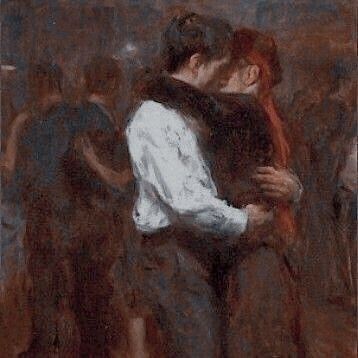 a painting of two people embracing each other in the middle of a group of people