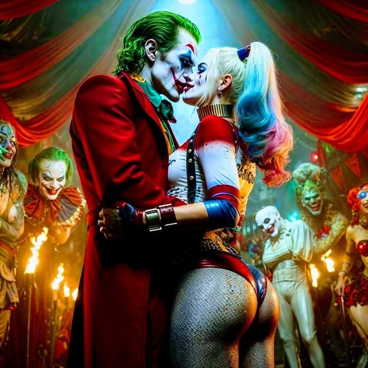 two people dressed as the joker and harley kissing in front of a crowd of clowns