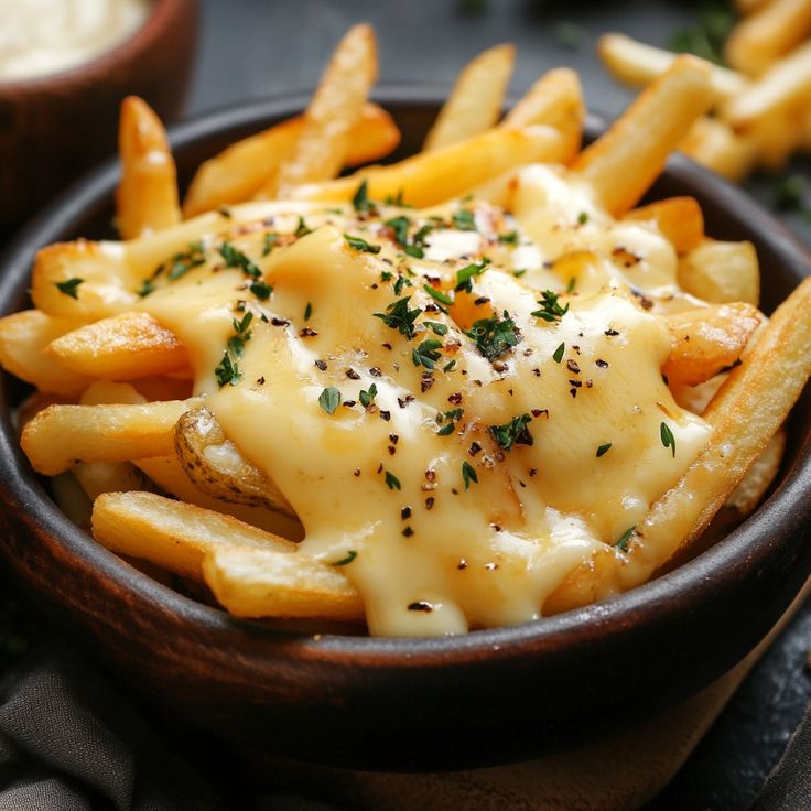 a wooden bowl filled with cheesy fries covered in cheese