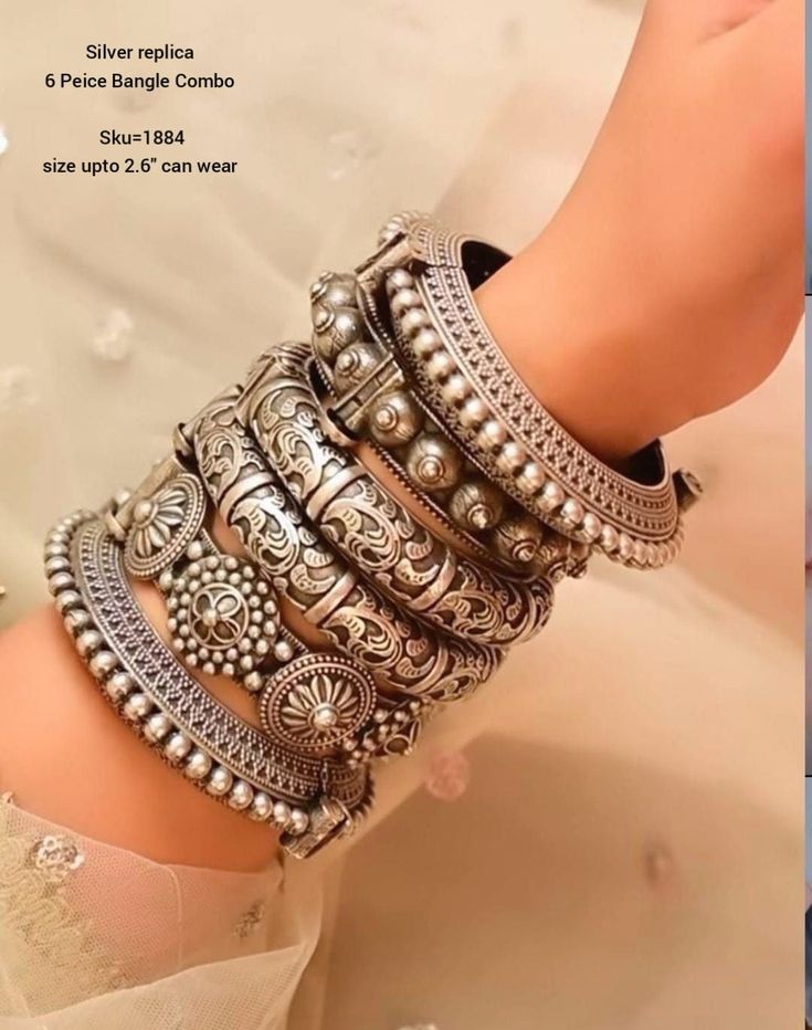 German Silver Brass Material Silver Replica Openable 6 peice Bangle Combo / Bangle Stack For Girls & Womens. Its Available In 2.4,2.5,2.6" sizes. Premium Quality Bangles For Your Attire to look More Beautiful. You can Wear these bangles with all types of dresses wheather its western or traditonal. Closure type is screw lock for bangles to close and open. CARE INSTRUCTION- - keep away from direct contact of any chemical like alchohol, perfume. dio etc... -keep in air tight pouch -Clean with cotto Oxidized Silver Jewelry, Junk Jewellery, Oxidised Silver Jewelry, Silver Jewelry Accessories, Trendy Jewellery, Antique Silver Jewelry, Rope Crafts Diy, The Bangles, Brass Bangle