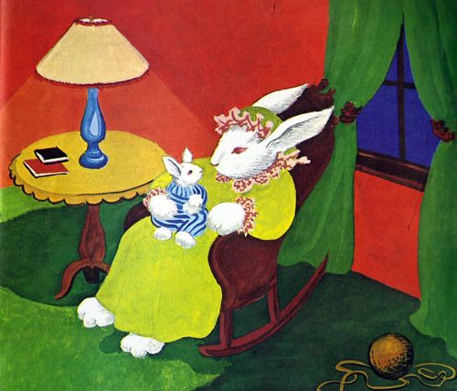 a painting of a rabbit sitting in a chair next to a table with a lamp on it