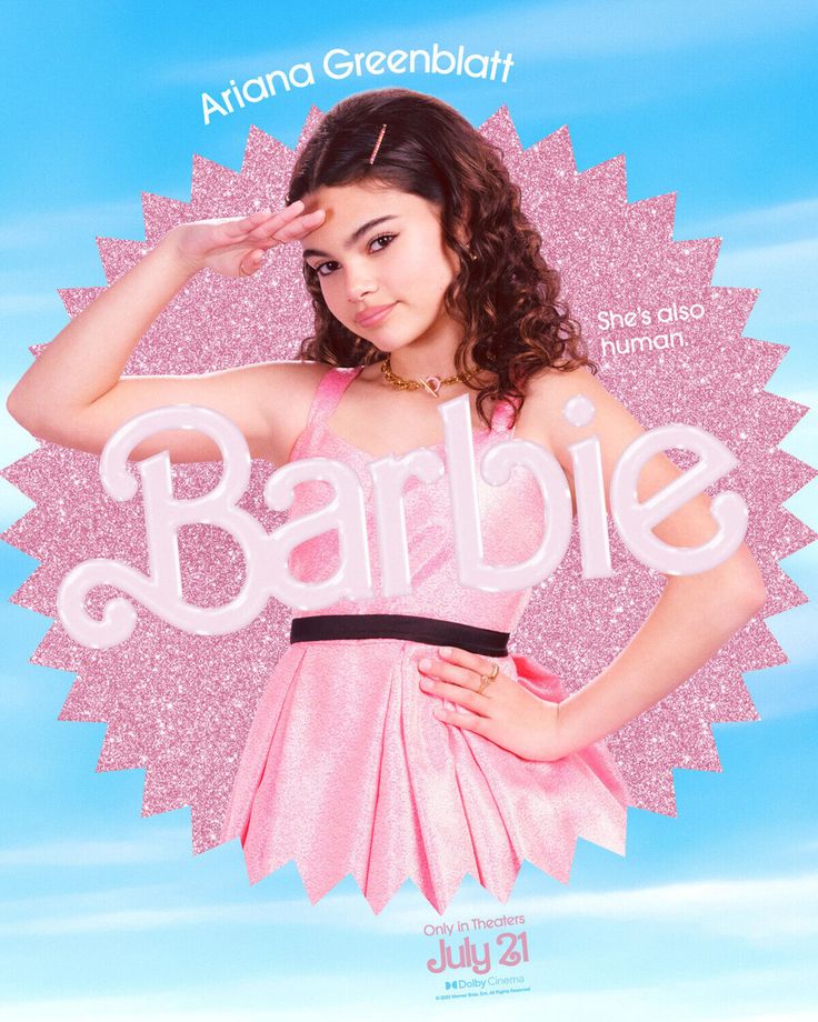 a woman in pink dress holding her hand up to her face with the word barbie on it