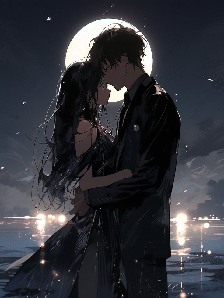 a man and woman kissing in front of a full moon