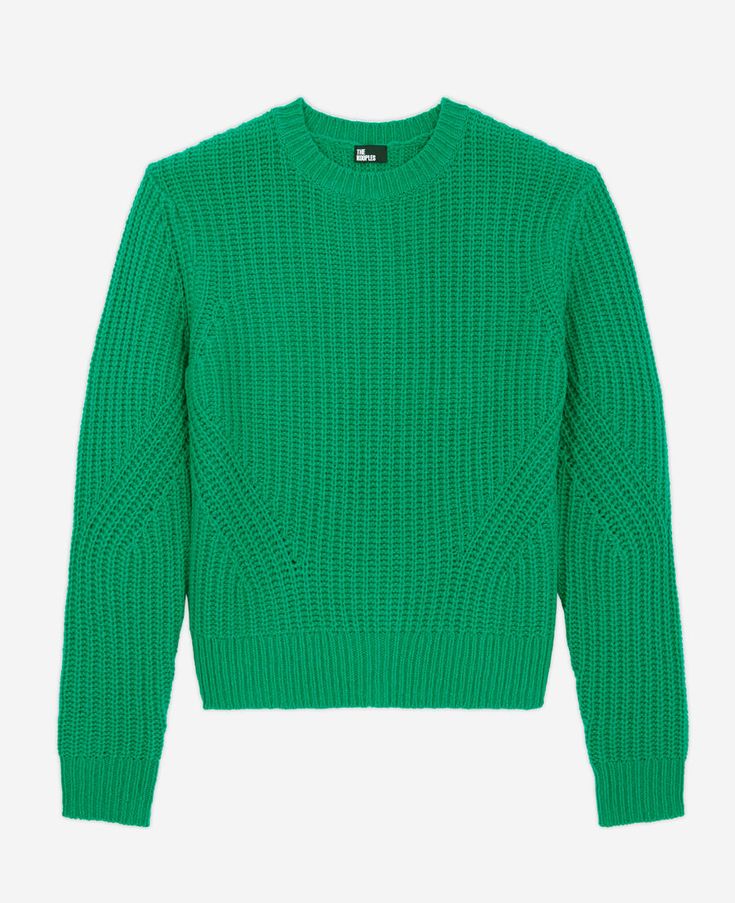 Green knit sweater | The Kooples - US Cable Knit Cropped Sweater With Crew Neck, Green Crew Neck Sweater With Ribbed Cuffs, Green Crew Sweater With Ribbed Cuffs, Cropped Cable Knit Sweater With Crew Neck, Green Chunky Knit Crew Neck Sweater, Green Knit Sweater With Ribbed Cuffs, Green Crew Neck Sweater, Green Crew Neck Sweater For Layering, Green Cozy Cropped Sweater For Fall